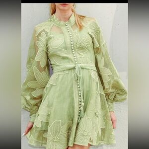 Beulah Pistachio Floral Lace Long-Sleeve Mini Dress